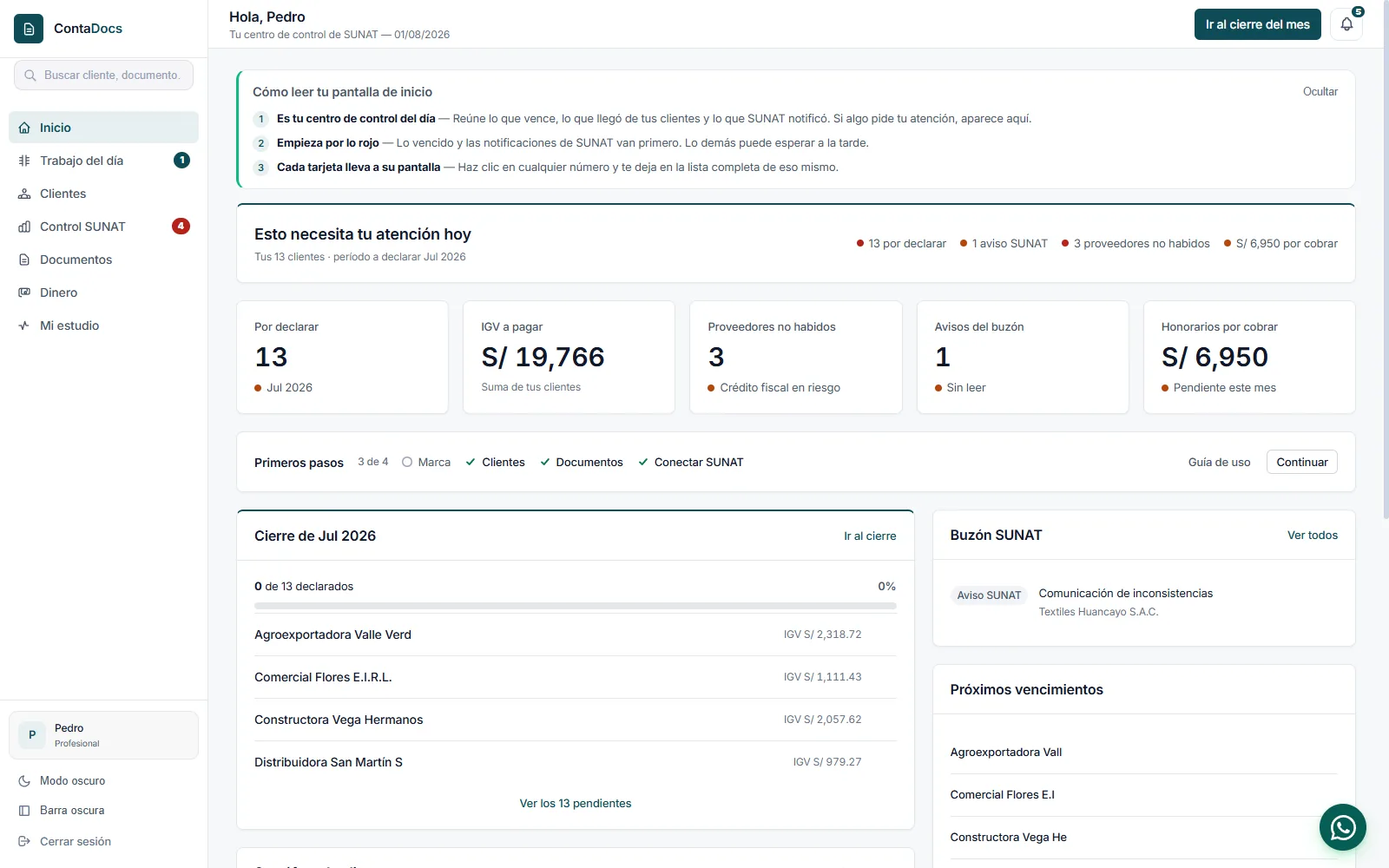 Panel de inicio del contador (dashboard rediseñado)