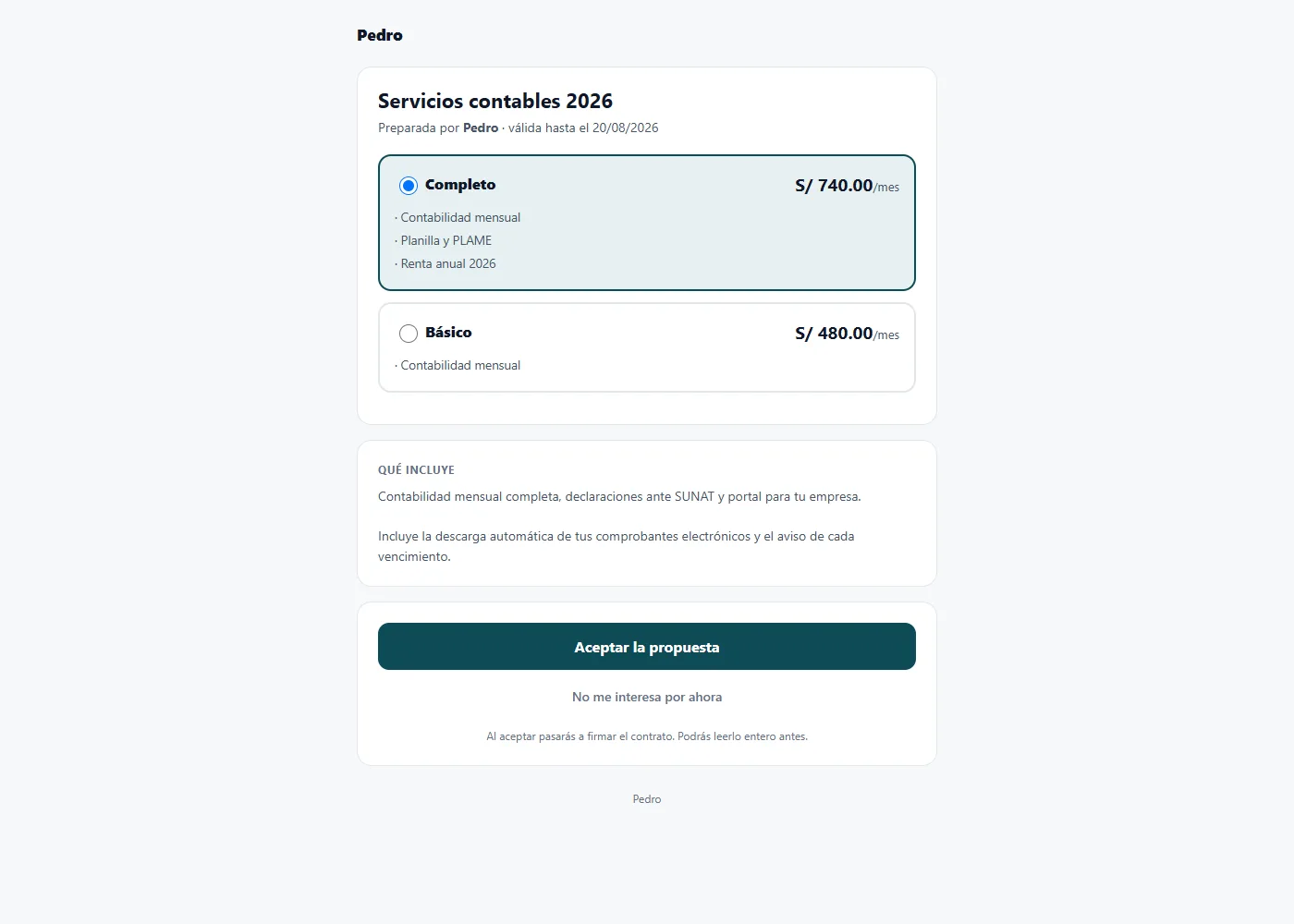 Propuesta con firma electrónica, vista del prospecto